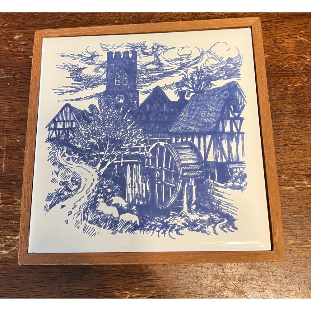 Vintage Framed Ceramic Tile With Blue Countryside Watermill Scene Wall Art